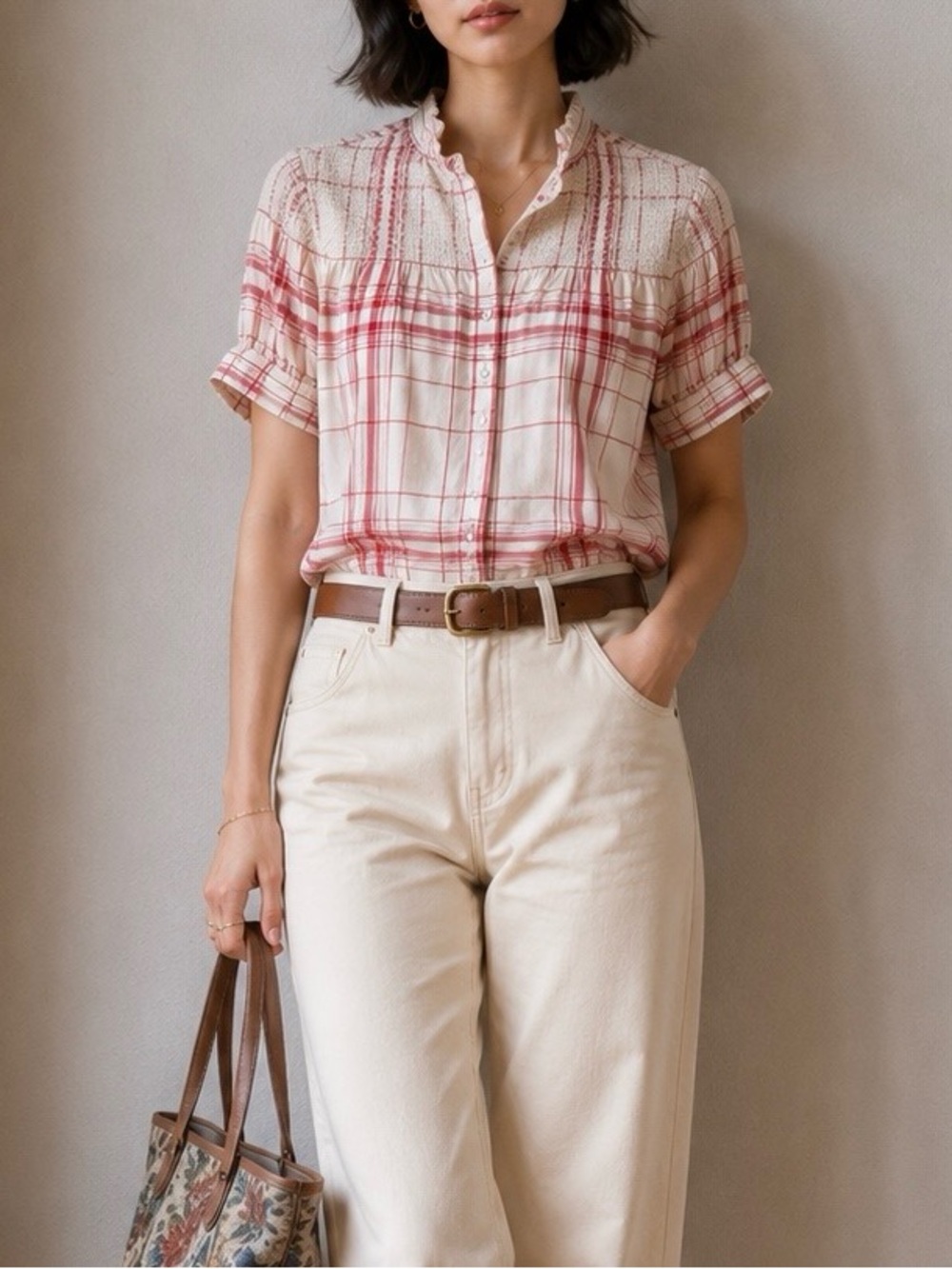 FRAME Smocked Plaid Prairie Blouse Small Cottagecore Peasant Top
